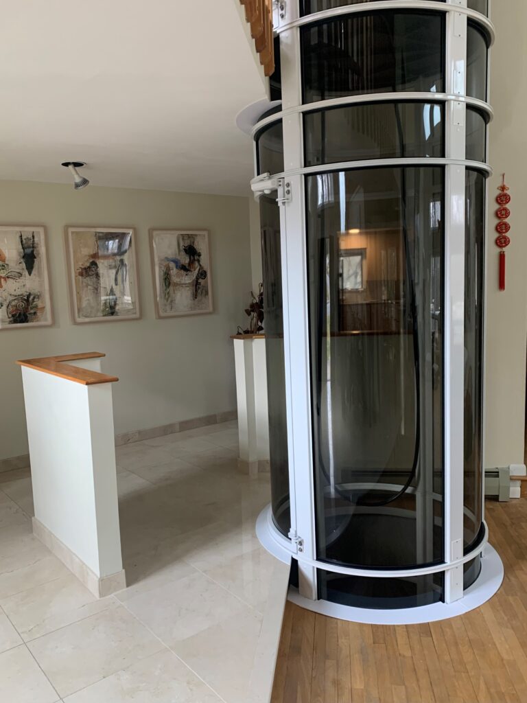 A pneumatic elevator installed in a home